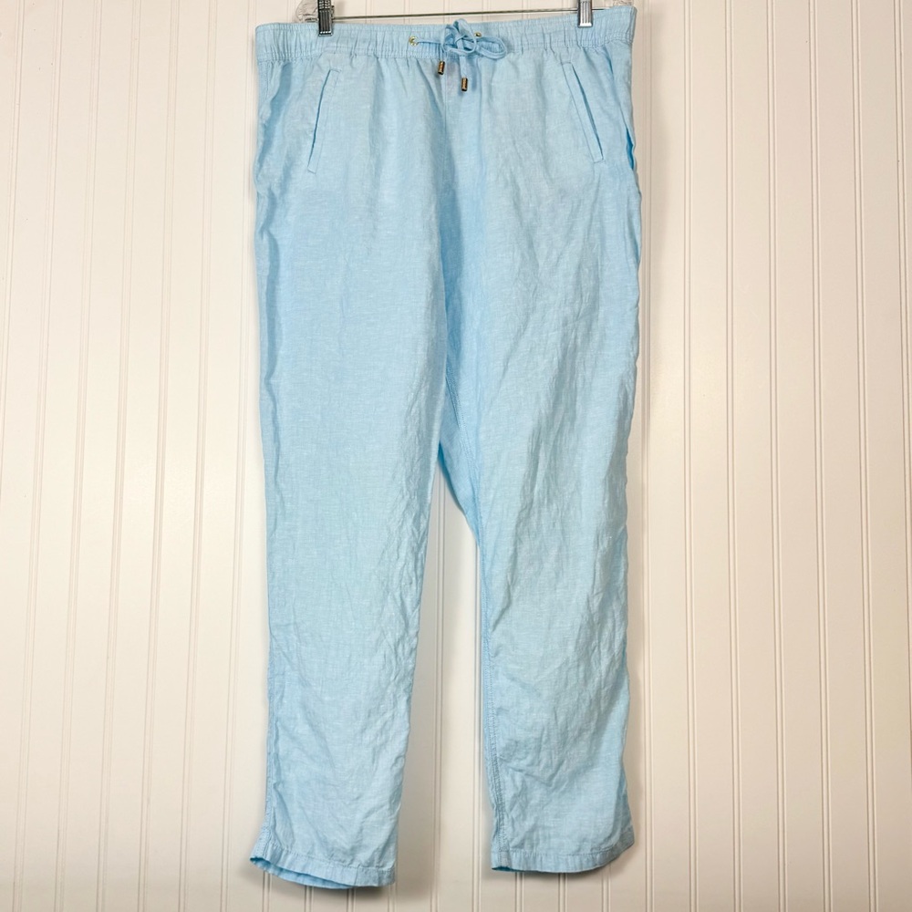 Lilly Pulitzer Taron Pants Womens XL Blue Linen Mid-Rise Drawstring Pull-On